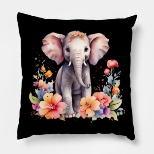 A baby elephant decorated with beautiful watercolor flowers Pillow