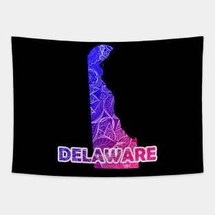 Colorful mandala art map of Delaware with text in blue and violet Tapestry