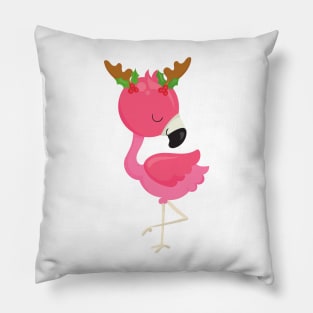 Christmas Flamingo, Pink Flamingo, Antlers, Bird Pillow