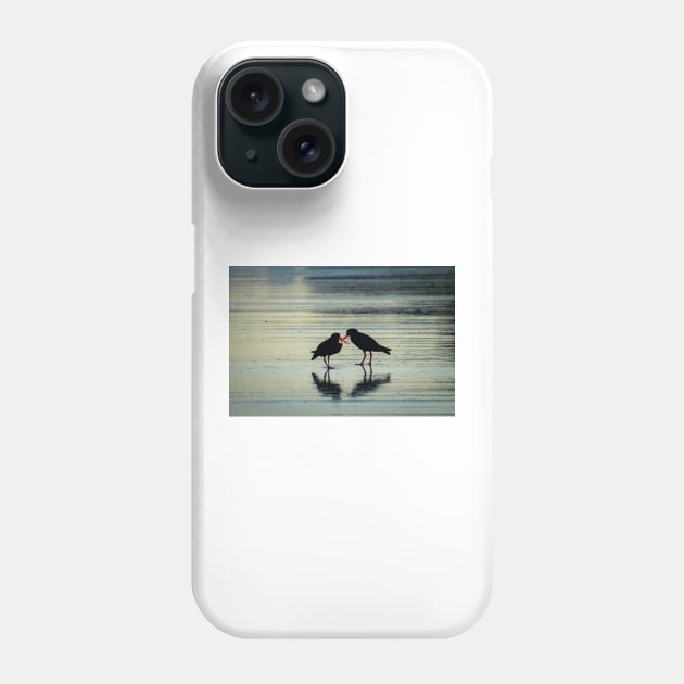 Two black oystercatchers silhouetted with orange beaks crossed, back-lit. Phone Case by brians101