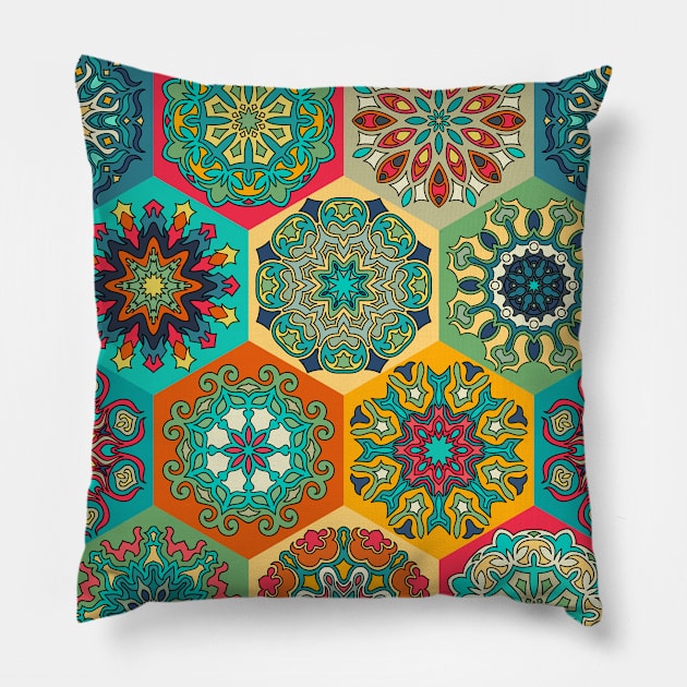 Vintage patchwork with floral mandala elements Pillow by SomberlainCimeries