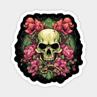 Evil Skull with Roses and Green Leaves Magnet