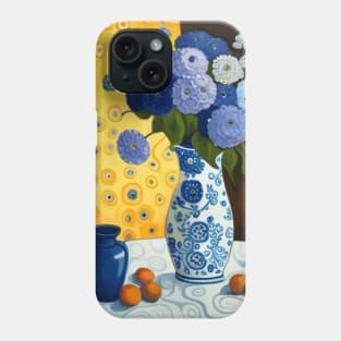 Cute Abstract Blue and White Flowers Matching Vase Table Cloth Still Life Painting Phone Case