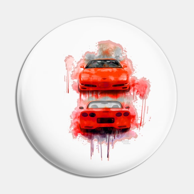 Red Corvette aqua splash Pin by AaaahEeeekStudio