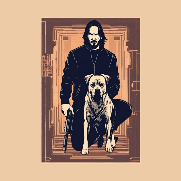 John Wick With Parabellum and His Trusty Dog Sunset Vintage Retro Movie by 3dozecreations