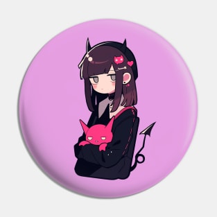 Anime-Style Cute Black and Pink Demon Girl Pin