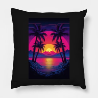 Illustration of an 80s Synthwave retro sunset with palm trees on the beach Pillow