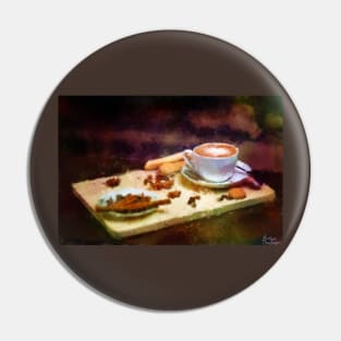 Coffee and Cloves - Cozy Cafe Impressionist Painting Pin