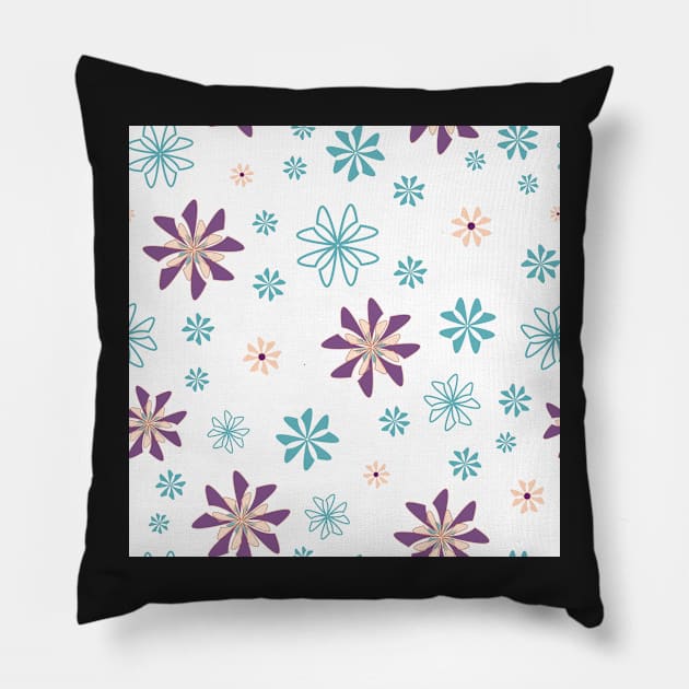 Geometric flowers in teal and purple on white background Pillow by MegMarchiando