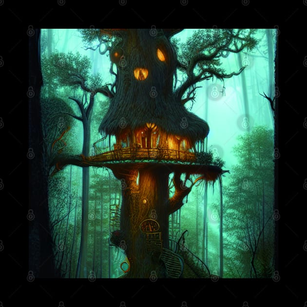 Magical Cottage Tree House with Lights in Forest with High Trees, Scenery Nature by Promen Art