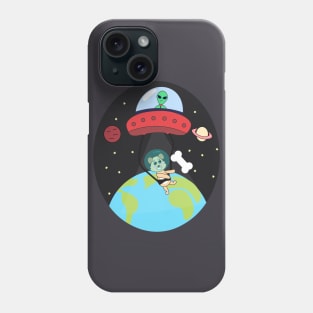 Kawaii dog grabbing a bone with the help of an alien flying saucer Phone Case