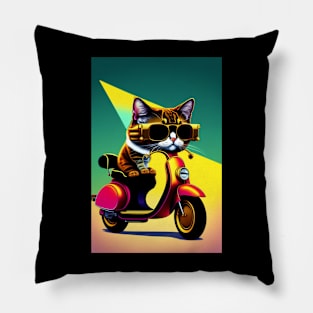 Funny cute cat drive motorcyrcle graphic design artwork Pillow