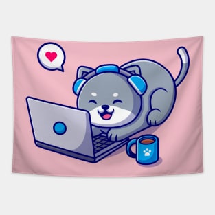 Cute Cat Working On Laptop Cartoon Tapestry