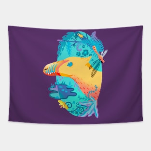 Yellow Feathered Velociraptor with Cretaceous Plants Tapestry