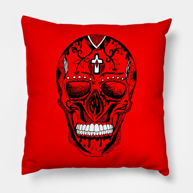 Red and Black Day of the Dead Skull Pillow by kenallouis