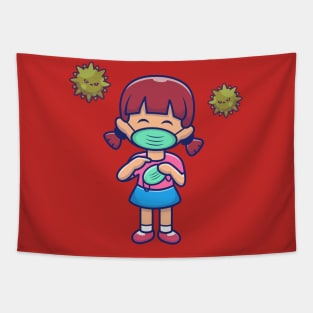 Cute Girl Hold And Wear Mask Cartoon Tapestry