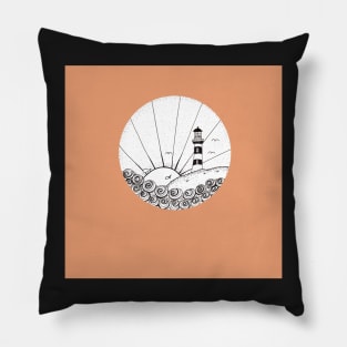 Whimsical Lighthouse Daylight Ink Illustration with a coral background Pillow