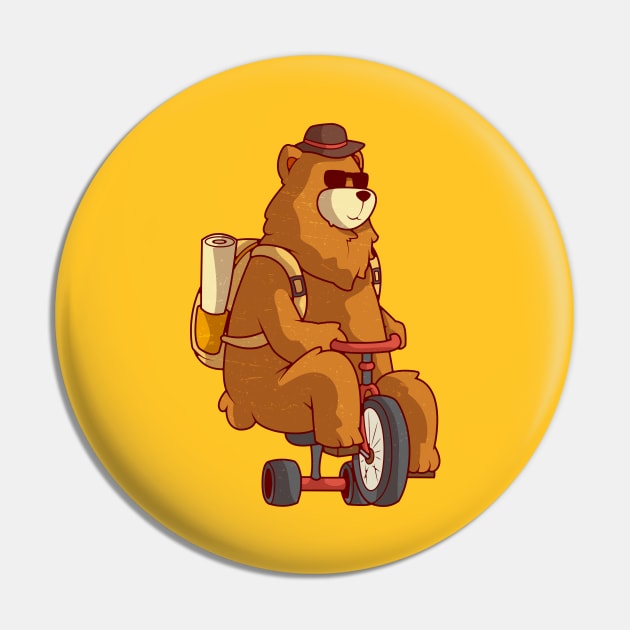 Cute Bear Adventuring with Bicycle, Vintage Retro Style Pin by BoyOdachi