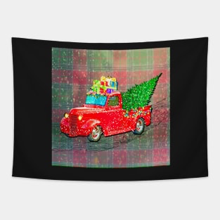 Christmas Plaid Graphic with Red Truck hauling Wrapped Presents in the Snow Cute Farmhouse Home Décor Gift Tapestry