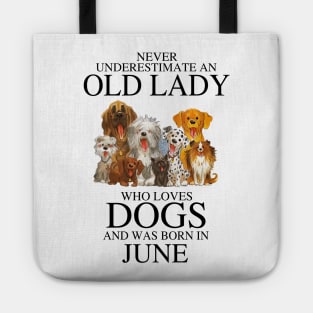 Never Underestimate An Old Lady Who Loves Dogs And Was Born In June Tote