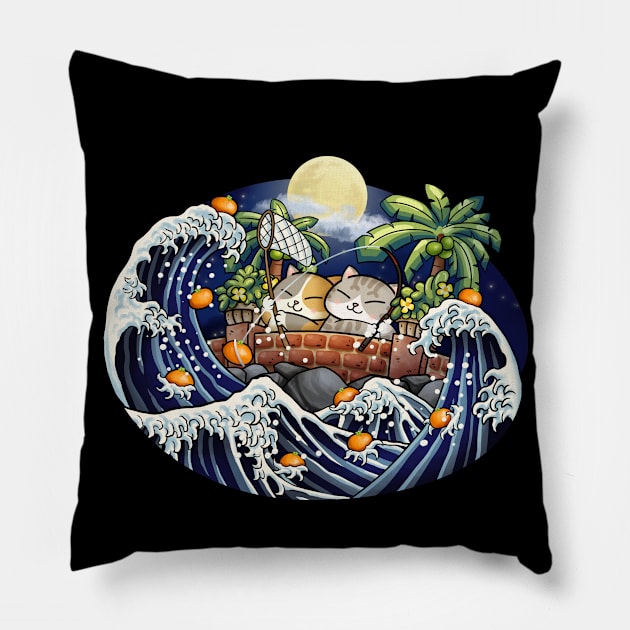 Chubby Cats Lantern Festival Fishing Orange Pillow by Takeda_Art