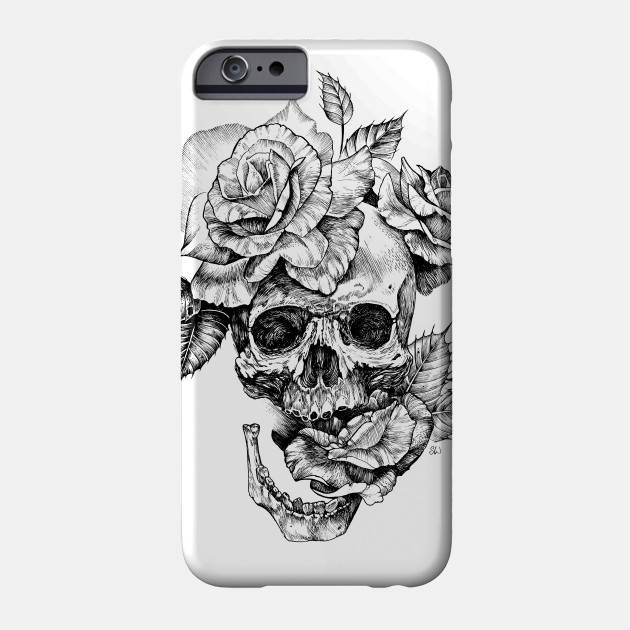 Black And White Ink Drawing Skull With Roses