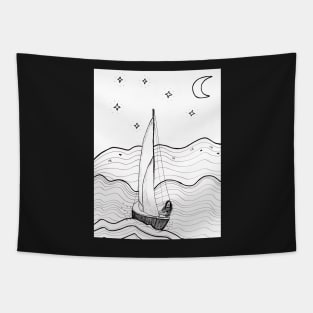 Sailboat on a Wild Ocean whimsical line drawing Tapestry