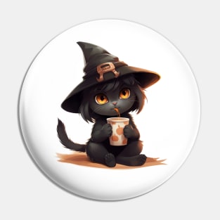 Cartoon black cat wearing a witch hat. Pin