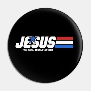 Jesus, the real World savior, white text Pin