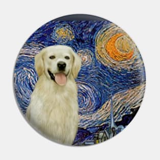 Starry Night by Van Gogh Adapted to Include a Light Golden Retriever Pin