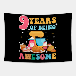 9 Years Of Being Awesome Tee 9th Baking Birthday Gift Leopard Girl Birthday Tee Baking Party Outfit Tapestry