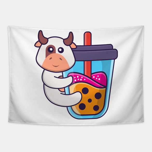 Cute Cow Drinking Boba Milk Tea Cute Cow Tapestry Teepublic 