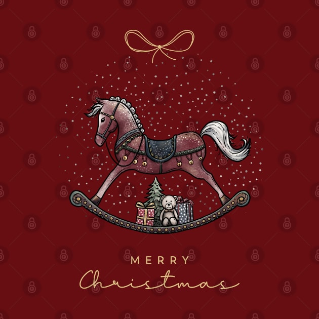 Merry Christmas lettering with Rocking Horse illustration, cute bear, gifts and Christmas tree on a blue snow background. by ChrisiMM