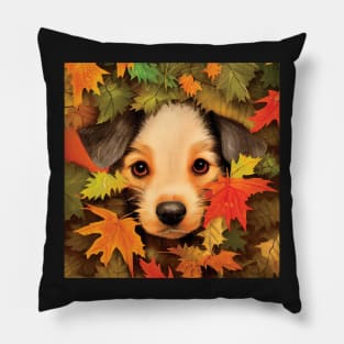 An Adorable Puppy in Beautiful Autumn Leaves Pillow