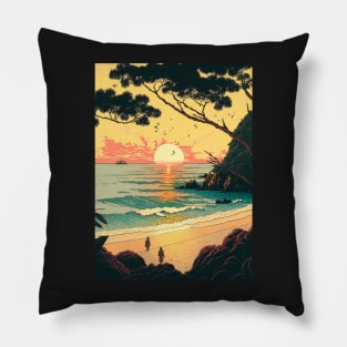 A pair setting sun on the beach ukiyo e Pillow