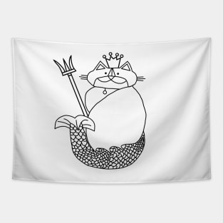 Kevin the Cat Mermaid King Black Line Drawing Tapestry