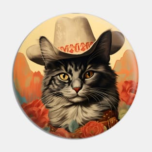 Retro Vintage Cowboy Maine Coon Cat - Whiskered Wild West Adventure Portrait Pin