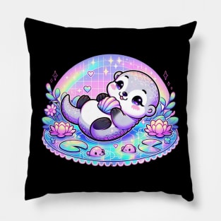 Holographic Otter Pastel Goth Kawaii Cute Chibi Pink Pillow