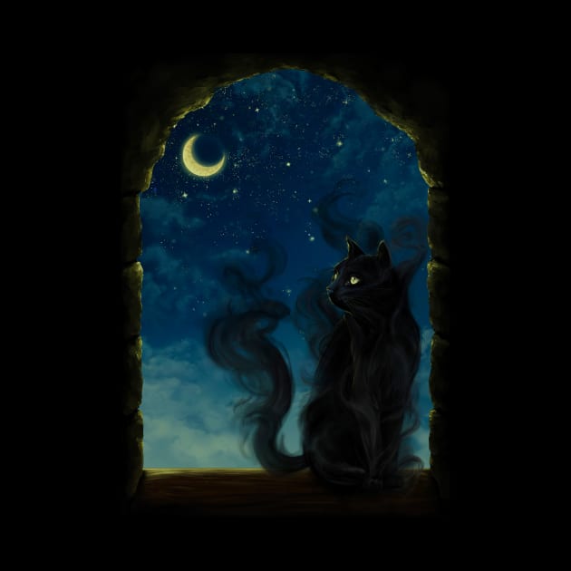 Shadow Black Cat Moon Night - Digital Art Painting by mendic