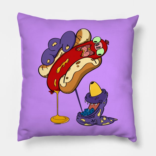 Hungry Monster and Scared Hotdog Cartoon Pillow by Odd Creatures