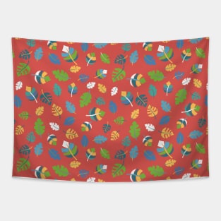 Tropical leaves on a red background. Green, blue, teal, yellow, and white leaves on red. Leaf pattern. Jungle leaves. Tapestry