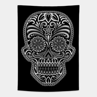 Intricate White and Black Sugar Skull Tapestry