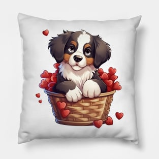 Cartoon Bernese Mountain Dog in Hearts Basket Pillow