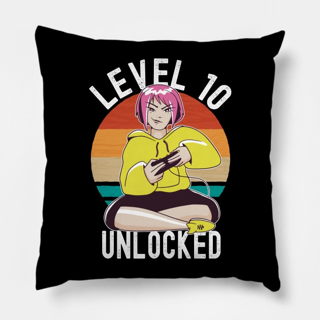 Level 10 Unlocked Girls Loves Anime Gamer 10th Birthday Girl Pillow by Ramadangonim