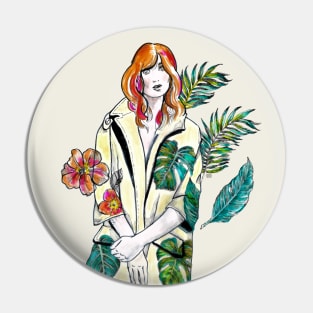 Woman with Red hair in a yellow floral coat - Fashion Illustration. Pin