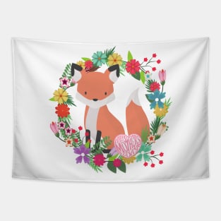 Happy Mother's Day Fox in a Wreath of Flowers Cute Mother gift Tapestry