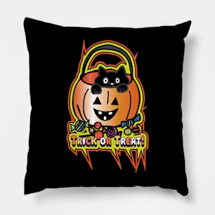 Cute Black Cat Trick or Treat Pumpkin Pillow