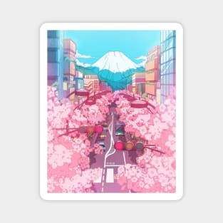 The Japanese Mount Fuji view and the pink spring in the city (soft colors) Magnet