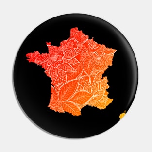Colorful mandala art map of France with text in red and orange Pin