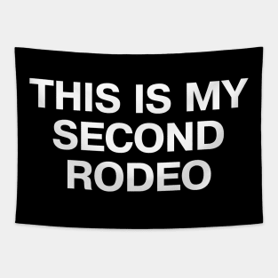 "THIS IS MY SECOND RODEO" in plain white all caps letters - cos you're not the noob, but barely Tapestry